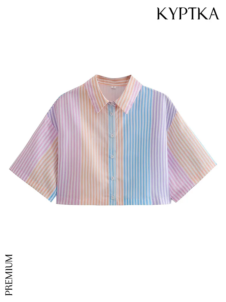 

KYPTKA Women Fashion Striped Loose Crop Shirts Vintage Short Sleeve Button-up Female Blouses Blusas Chic Tops