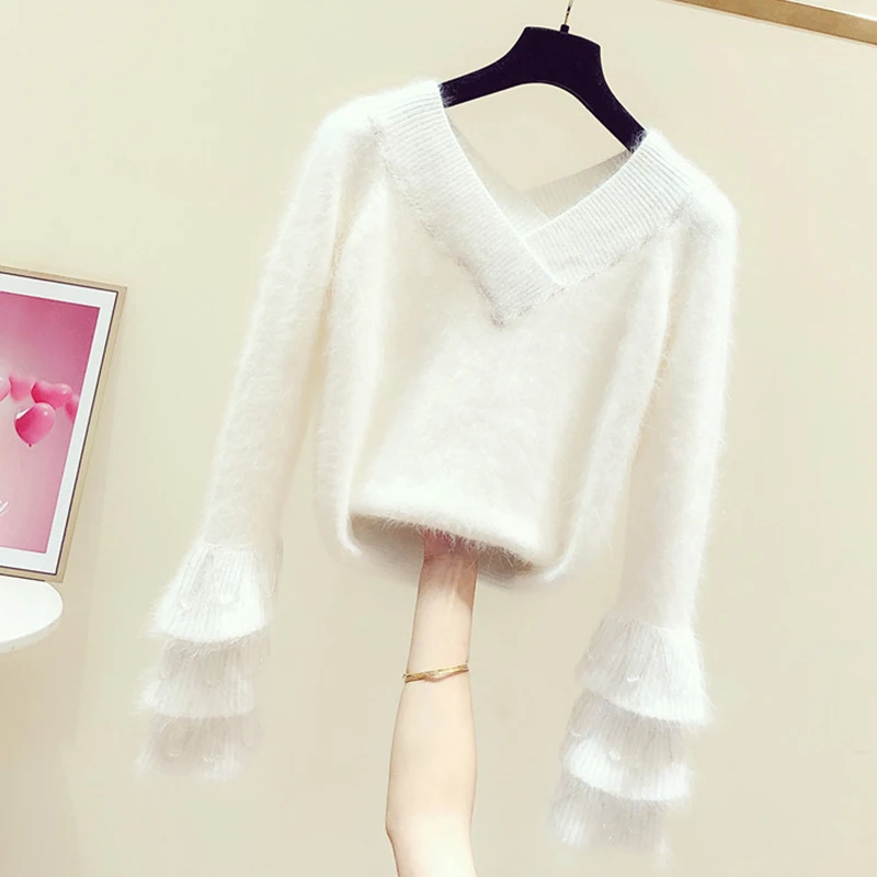 

2022 Ruffles Knitted Women Sweater Pullovers V-Neck Flare Sleeved Loose Office Lady Elegant Pulls Outwear Tops