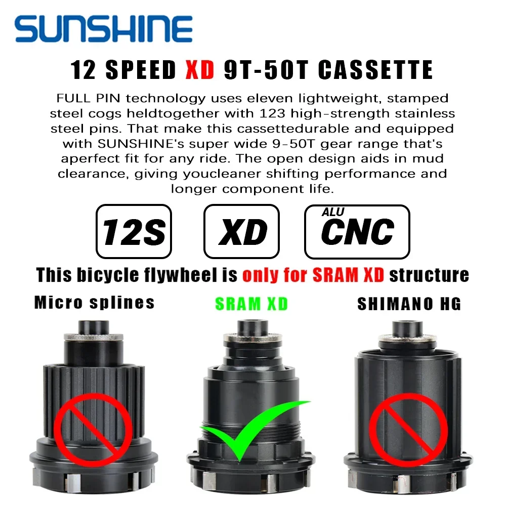 SUNSHINE XD Structure Велосипедная кассета 12 скоростей 9T-50T Черный горный велосипед с