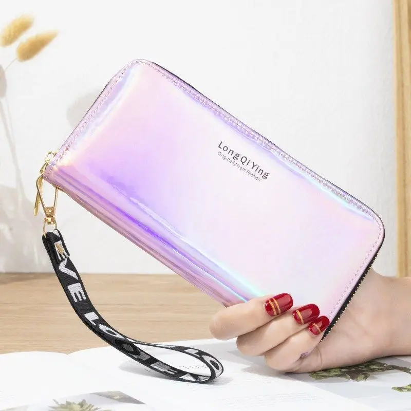 Laser Women's Wallet Letter Large Capacity Long Coin Purse Leather Zipper Multi-function Phone Card Bag With Wrist Strap 2022