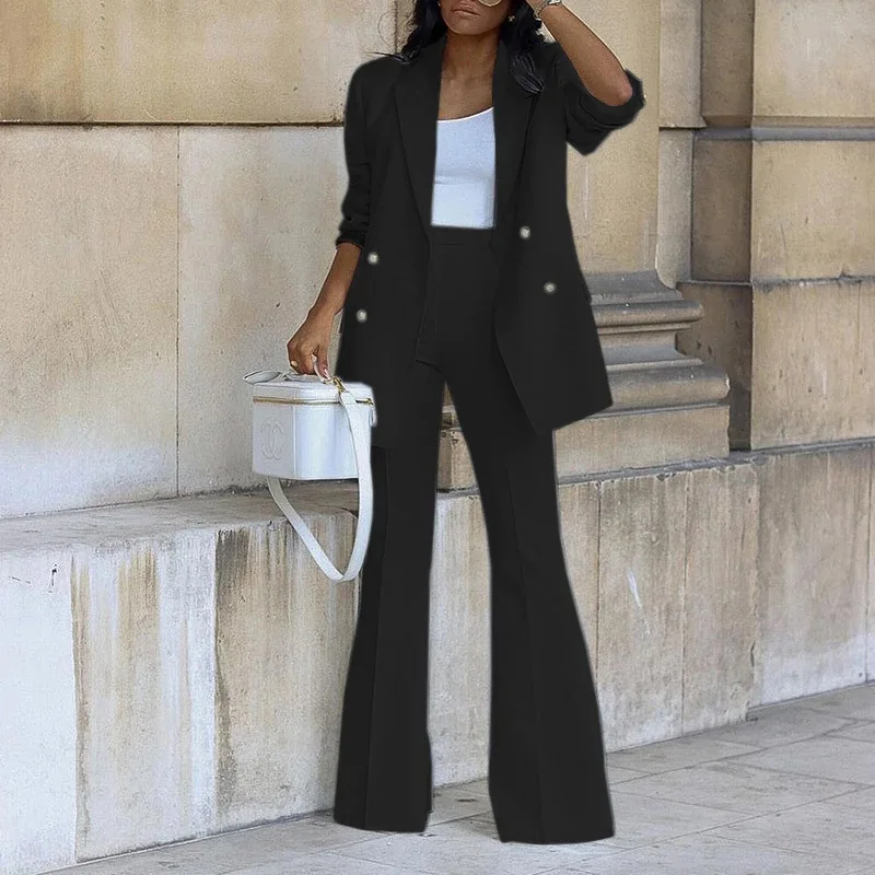 Women  Double Breasted Jacket Blazer Suit Fashion Casual Ladies Solid Color Two Piece Office Wear Elegant Blazer Pants