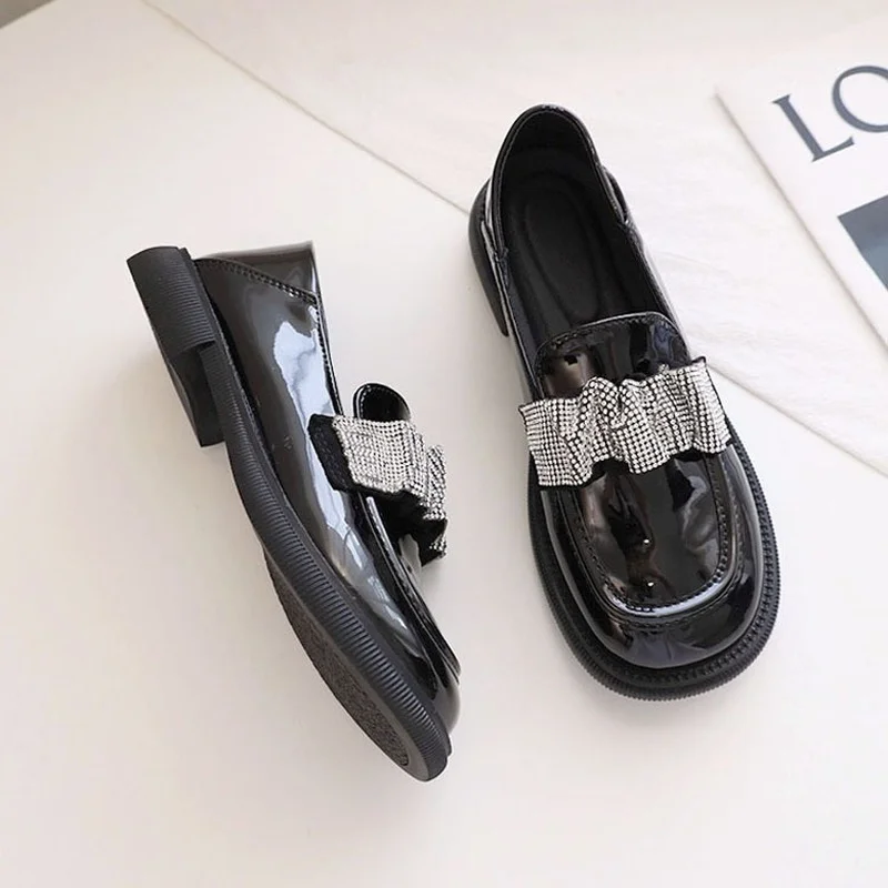 

2021 British Style Small Leather Shoes Women's Round Toe Rhinestone One Step Love Thick-soled College Style Single Shoes
