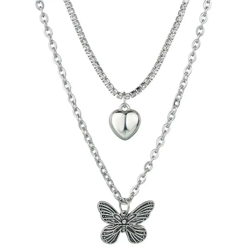 

Fashion Butterfly Necklace Charm Bilayer Choker Chain Metal Heart Pendant Elegant Women Jewelry Trendy Accessories Teen Gift