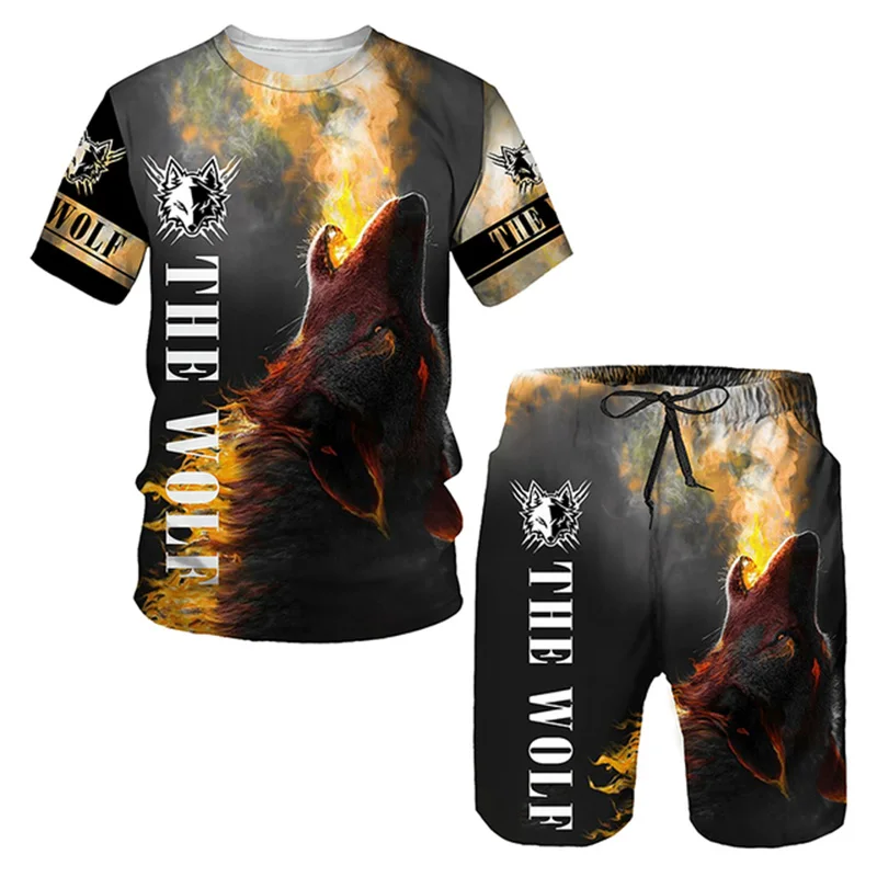 Fashion Men's 2-piece Wolf  Printed Beast T-shirt Shorts Set Clothing Summer Men's Casual Sportswear Set Men's Clothing