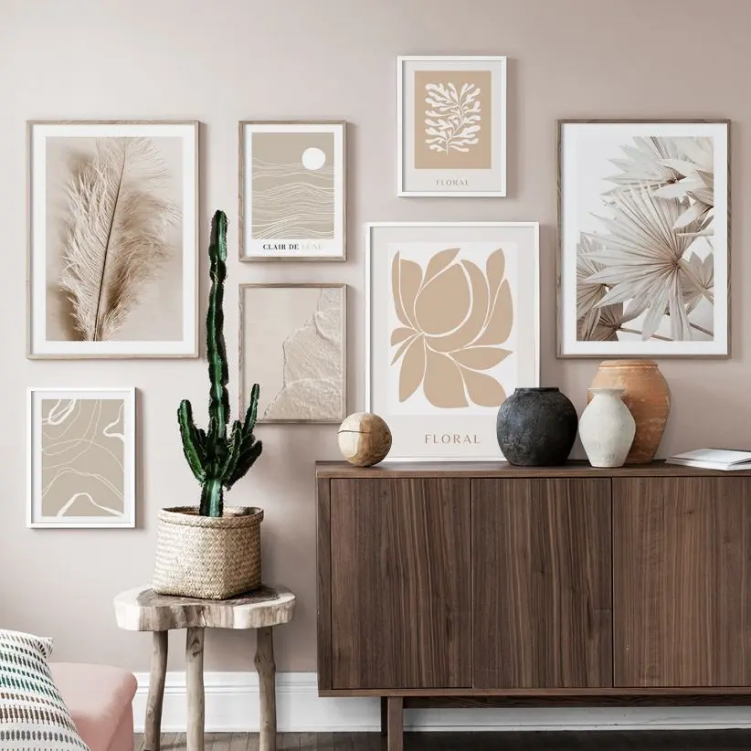 

Beige Palm Floral Soft Feather Reeds Line Wall Art Canvas Painting Nordic And Prints Wall PicturesFor Living Room Decor Posters
