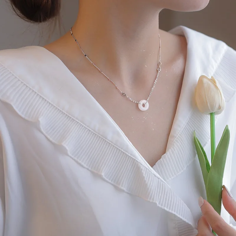 

925 Sterling Silver Peace Buckle Necklace Women's Spring and Summer 2023 Fashion Cross Chain Neck Jewelry Hetian Jade Pendant