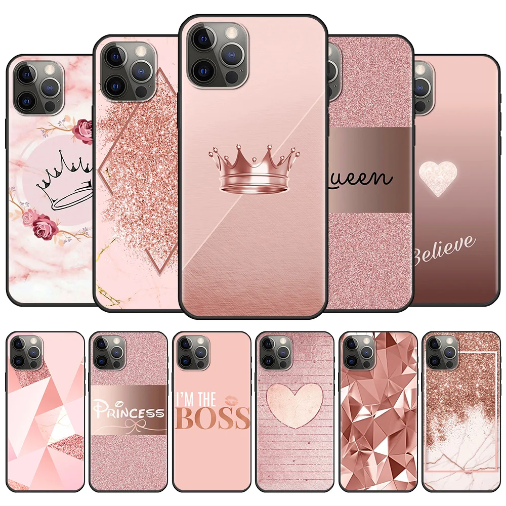 

Phone Case For iPhone 11 12 13 Pro Max Mini 6 6S 7 8 Plus 5 5S SE(2020) X XR XS Max Shockproof Fundas Rose Pink Princess Queen
