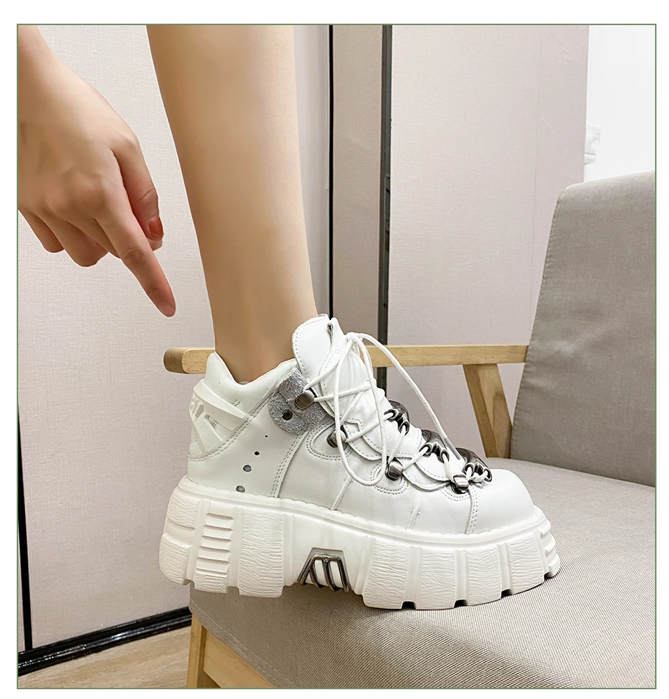 Women's Punk Style Leather Shoes Lace-up Heel Height 6CM Platform Female Gothic Ankle Boots PU Metal Decor Thick Bottom Sneakers