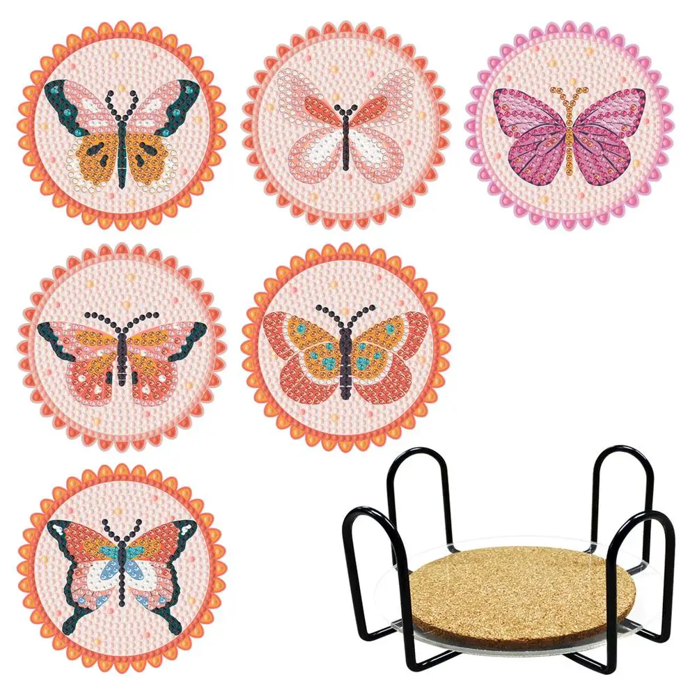 

6pcs Diamond Painting Coasters Kits PVC Diy Round Butterfly With Holder Cork Base Diamond Painting Art Coaster Table Decoration