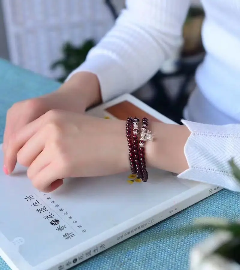 Nature Garnet Multi-loop Bracelet Match S925 Sterling Silver Accessory Holiday 2023 Novelty Gift for Friends Jewelry