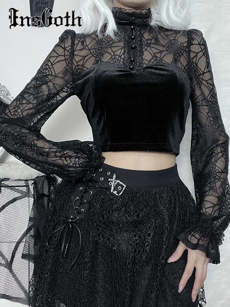 

InsGoth Spider Web Print Velvet T-shirts Long Sleeves Hollow Out Sexy Y2K Grunge Goth Turtleneck Party Woman 2022 Black Crop Top