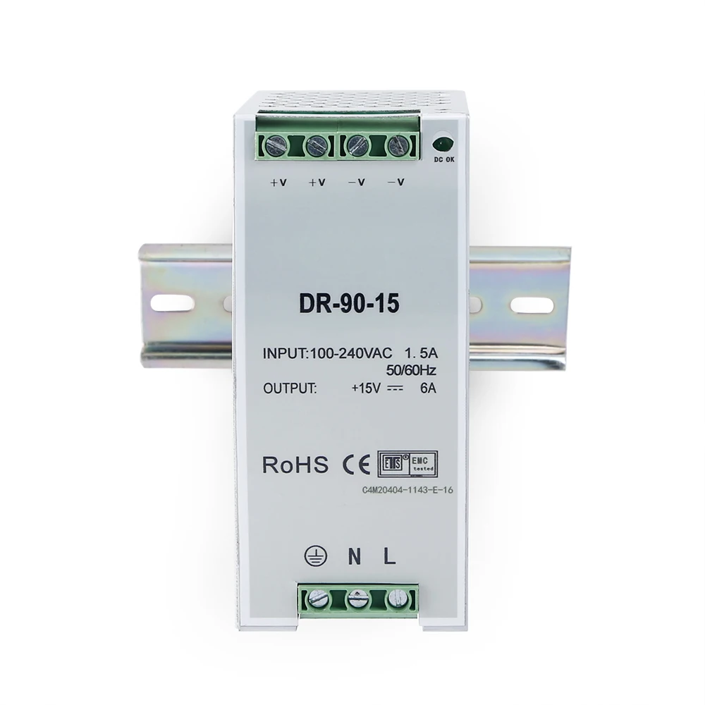 Фото Блок питания на DIN-рейку 90W 15V 6A DR-90-15 AC100-240V для LED-освещения, систем видеонаблюдения, домофонов, с защитой от перегрузки, CE RoHS №1