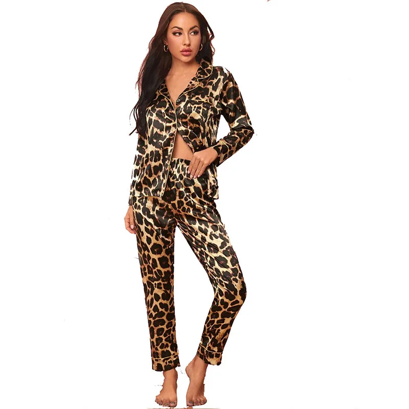 Women 2 Pieces Satin Silk Sleepwear Leopard Print Long Sleeve Shirt and Pants Pajamas