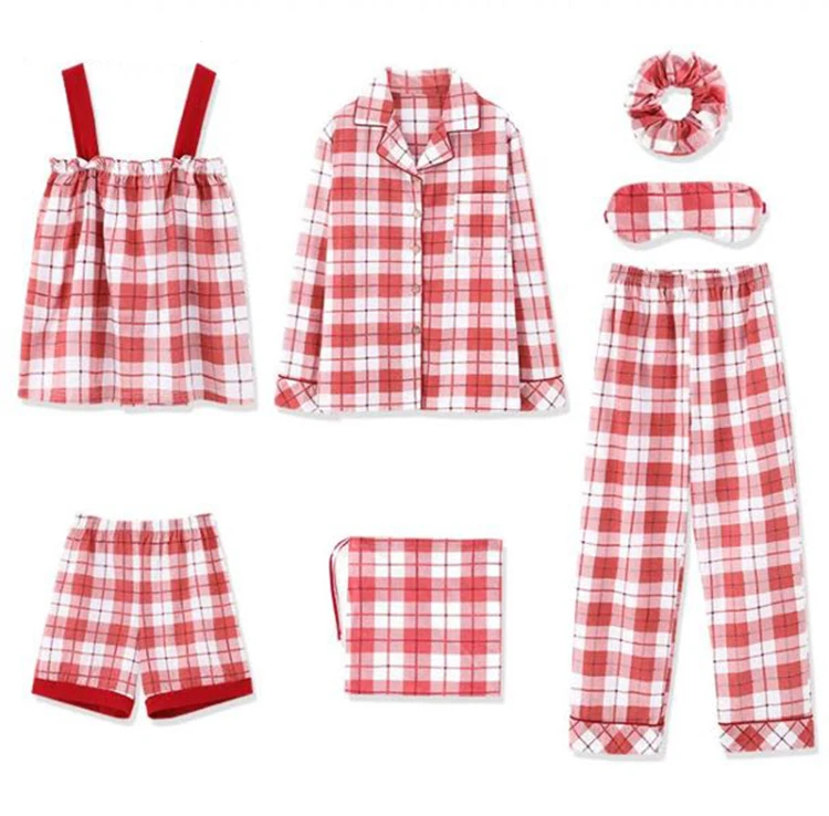 

High quality 100% cotton knitting fabric 7-piece pajamas homewear for women
