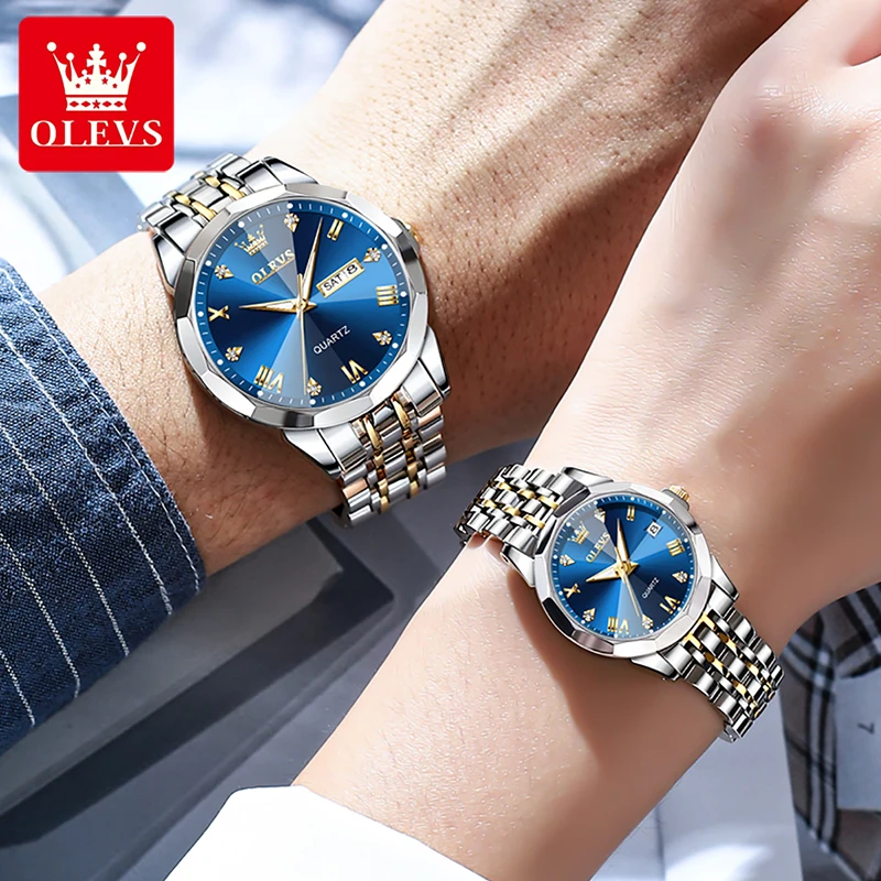 OLEVS 2023 New Trendy Couple Watch Fashion Blue Dial Waterproof Wear Resistant Stainless Steel Strap Quartz Watch Luminous Hands