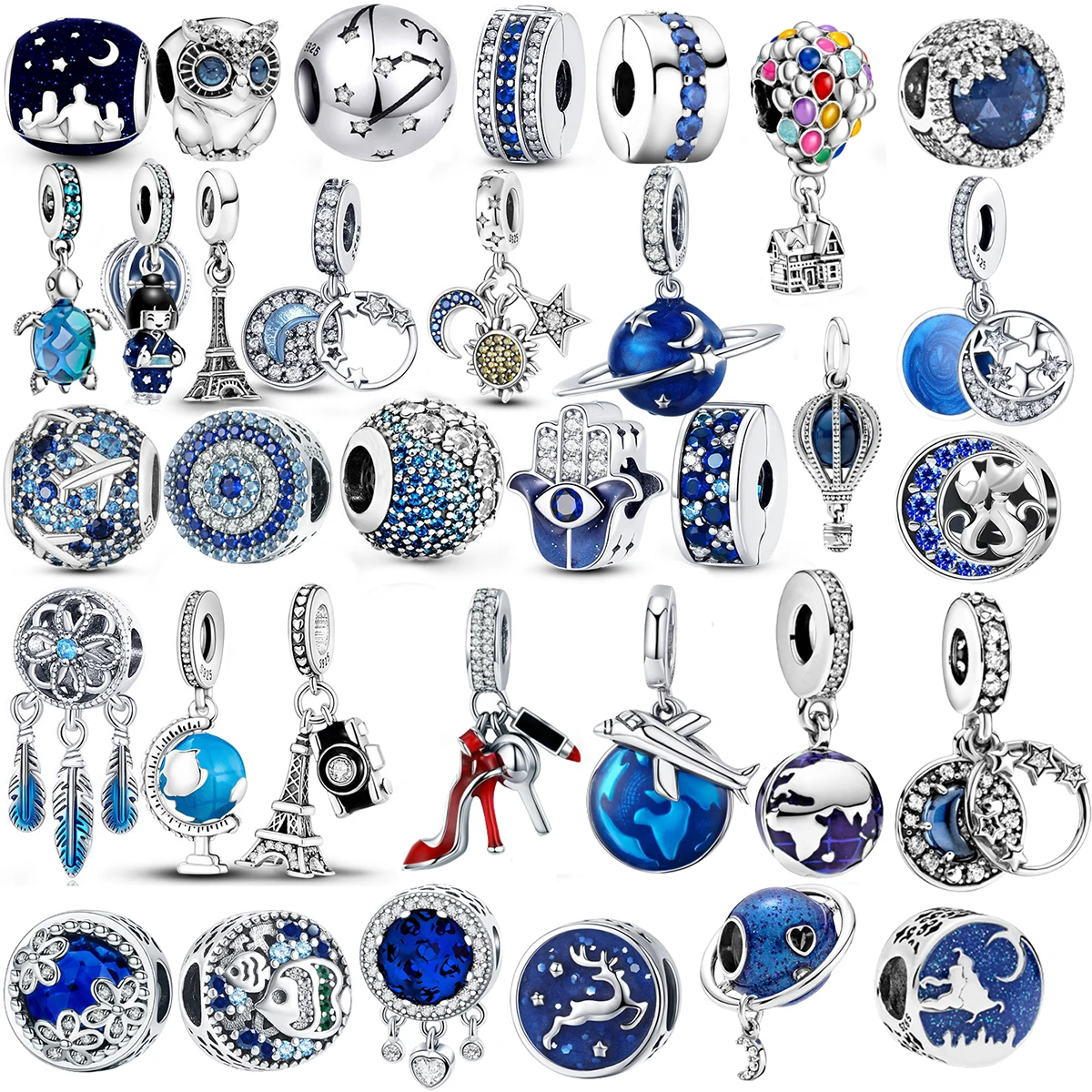 

925 Sterling Silver Blue Series Moon Plane Space Series Beads Clip Charms Fit Original Pandora Bracelet Women DIY Jewelry Gift