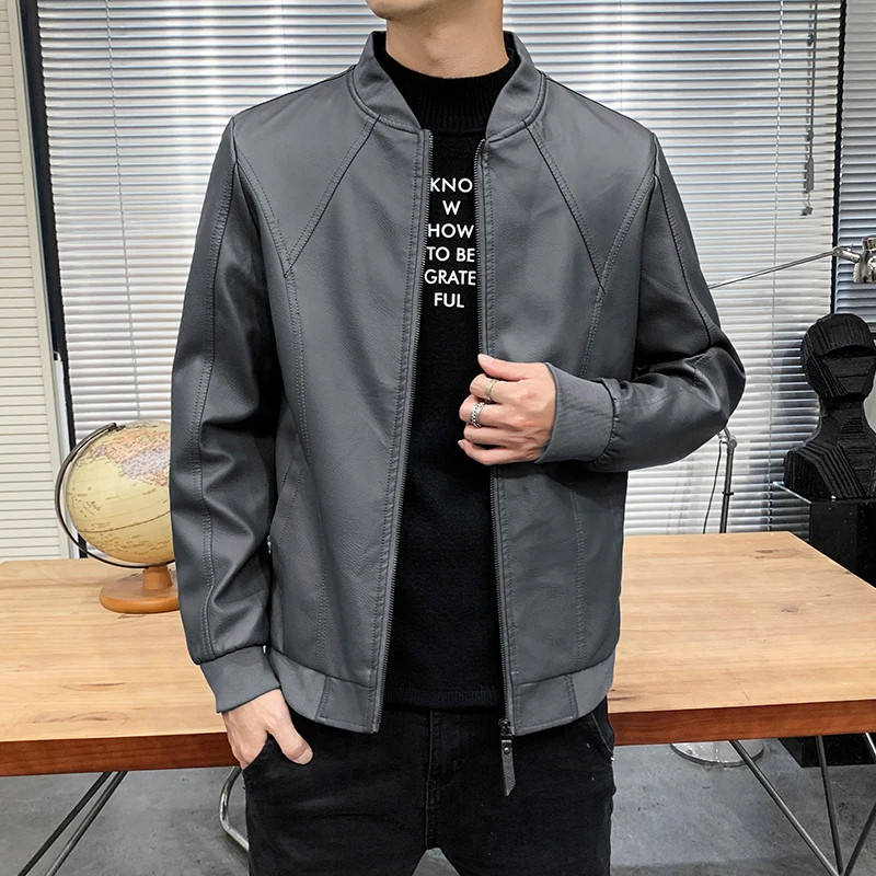 

2022 New Men's Leather Jacket Men's Autumn Winter Casual Slim PU Baseball Jacket Zipper Motorcycle Bomber Leather Coat