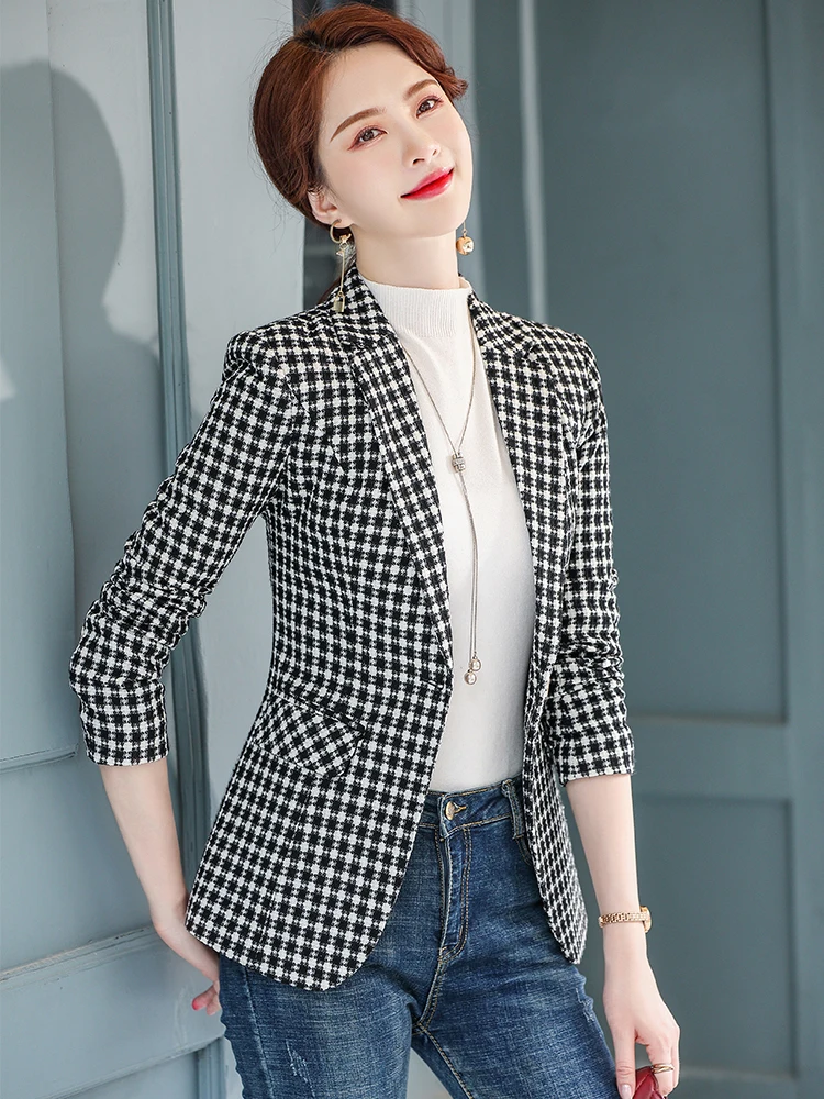 Women Fashion Casual Blazer Yellow Black Plaid Female Long Sleeve Vintage Single Button Jackets Coat Outwear