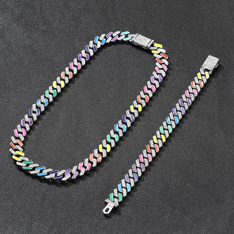 

Hip Hop Colorful Full Diamond 12mm Cuban Chain Necklace for Men and Women Choker Miami Rap Fashion Hipster Necklace Bracelet Set