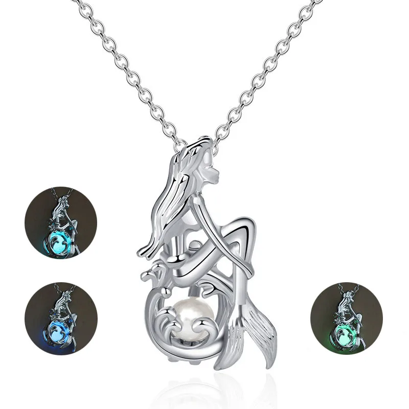 

Hot Selling Mermaid Women Necklace Jewelry Pendant Creative Korean Alloy Fashion Pearl Necklace Luminous Romantic Gift Wholesale