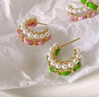 2022 new summer fresh color woven pearl double layer c shaped earrings for women sweet girl romance classic geometry jewelry
