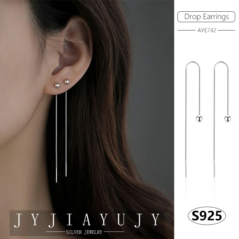

JYJIAYUJY 100% Sterling Silver S925 Drop Ear Line Earrings Small Round 3MM Beads Fashion Hypoallergenic Jewelry Gift AYE742