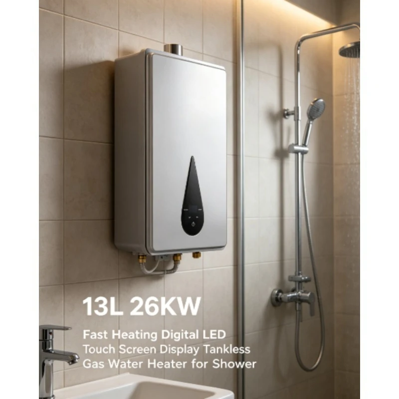 Фото Проточный газовый водонагреватель 13 л, 26 кВт, с цифровым LED-дисплеем и сенсорным управлением, быстрый мгновенный нагрев, для домашнего душа №1