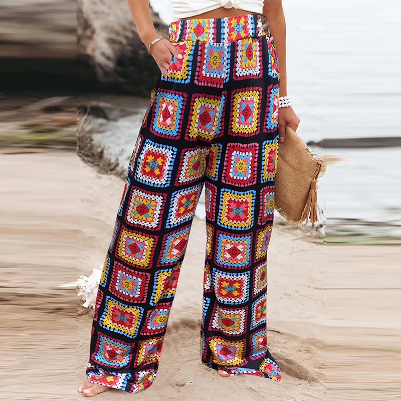 

Women High Waist Ethnic Style Wide Leg Pants Fashion Vintage Graphic Loose Trousers New Colorful Plaid Pockets Street Long Pants