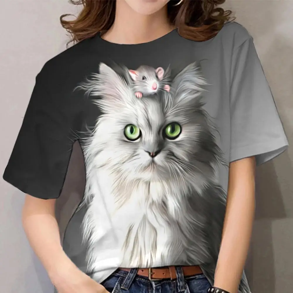 

Футболка женская в стиле Харадзюку, модная Повседневная рубашка с 3d принтом милого кота и коротким рукавом, уличная одежда для девушек