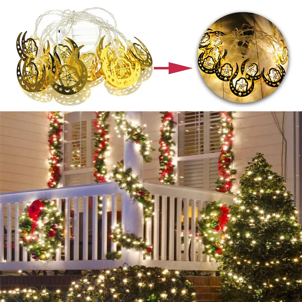 

Eid Mubarak Indoor Outdoor Moon Star Home Decor Gold String Light Waterproof Iron LED Lamp For Ramadan Party Battery Operated