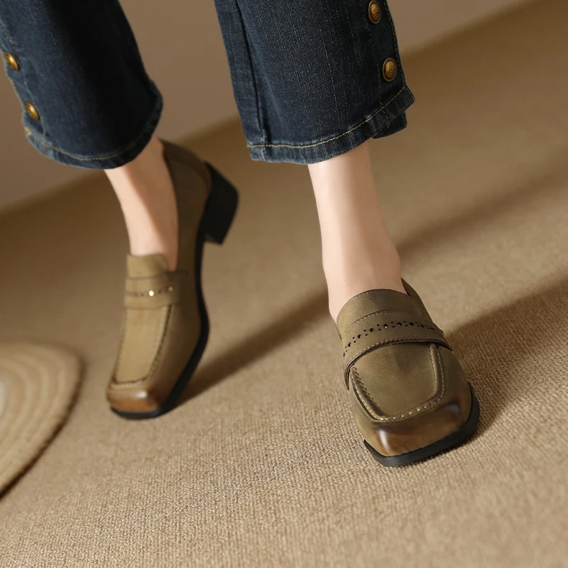 

New Spring Shoes Girls Dress Pumps Square Toe Daily Shoes Real Leather Cowhide Pumps Slip On Retro Style Woman Loafers