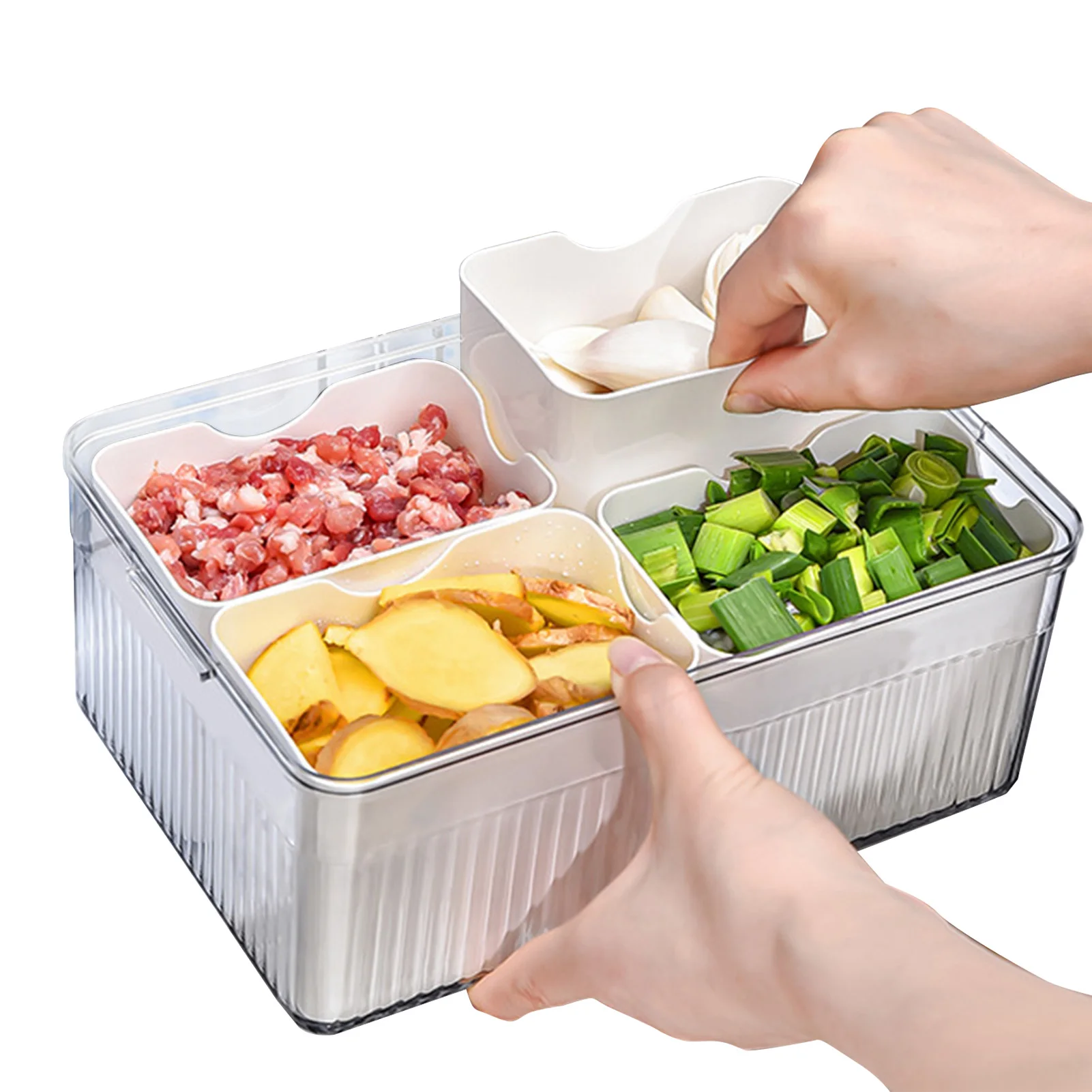

Fridge Food Storage Box Produce Saver Stackable Refrigerator Organizer 4 Compartments Well-Sealing Removable Container With