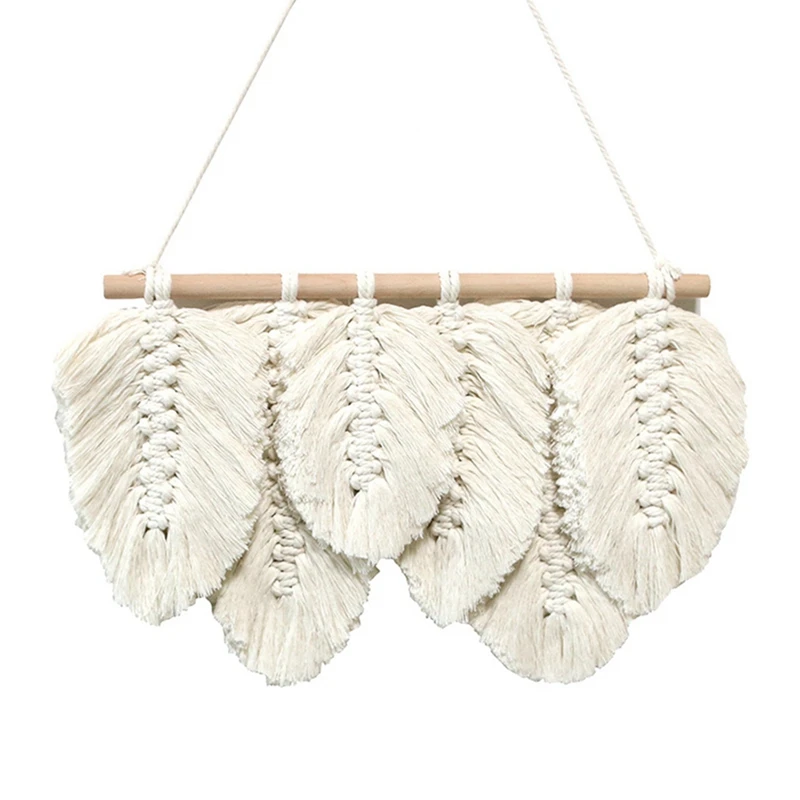 

Hand-Woven Macrame Wall Hanging Leaves Feathered Tapestry Bohemian Accessories Home Apartment Bedroom Nursery Decoration