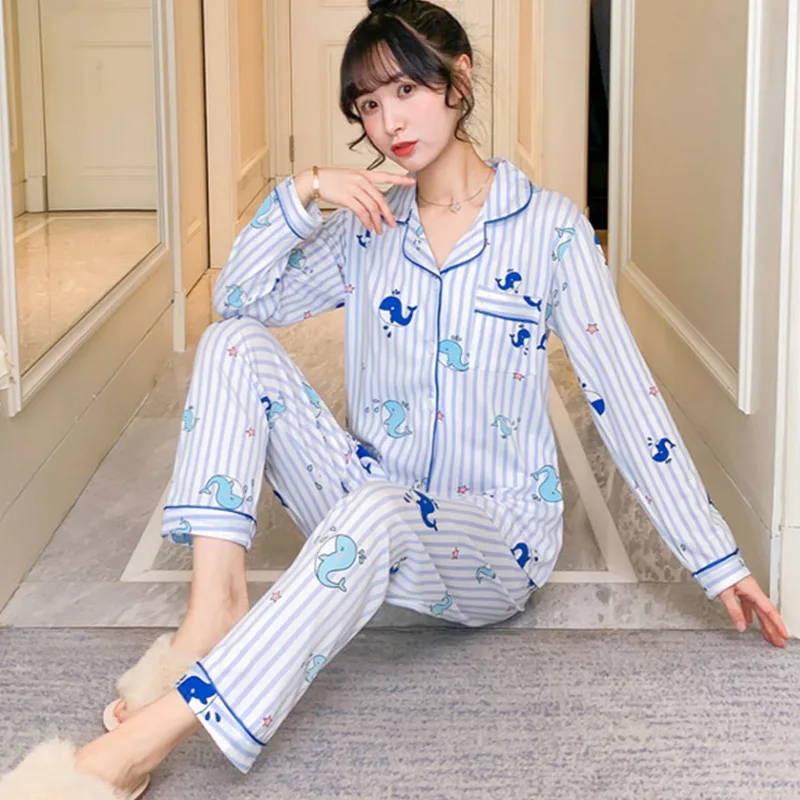 Spring Print Womens Home Wear Pink Long Sleeve Pocket Sweet Pajamas Sets Female Sleepwear Autumn Casual Ladies Home Clothes