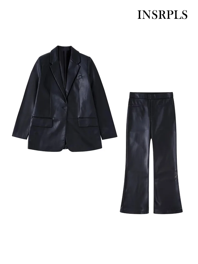 

INSRPLS Women Fashion Front Button Faux Leather Blazer Coat And High Waist Zipper Fly Ankle Pants Female Two Piece Sets Mujer