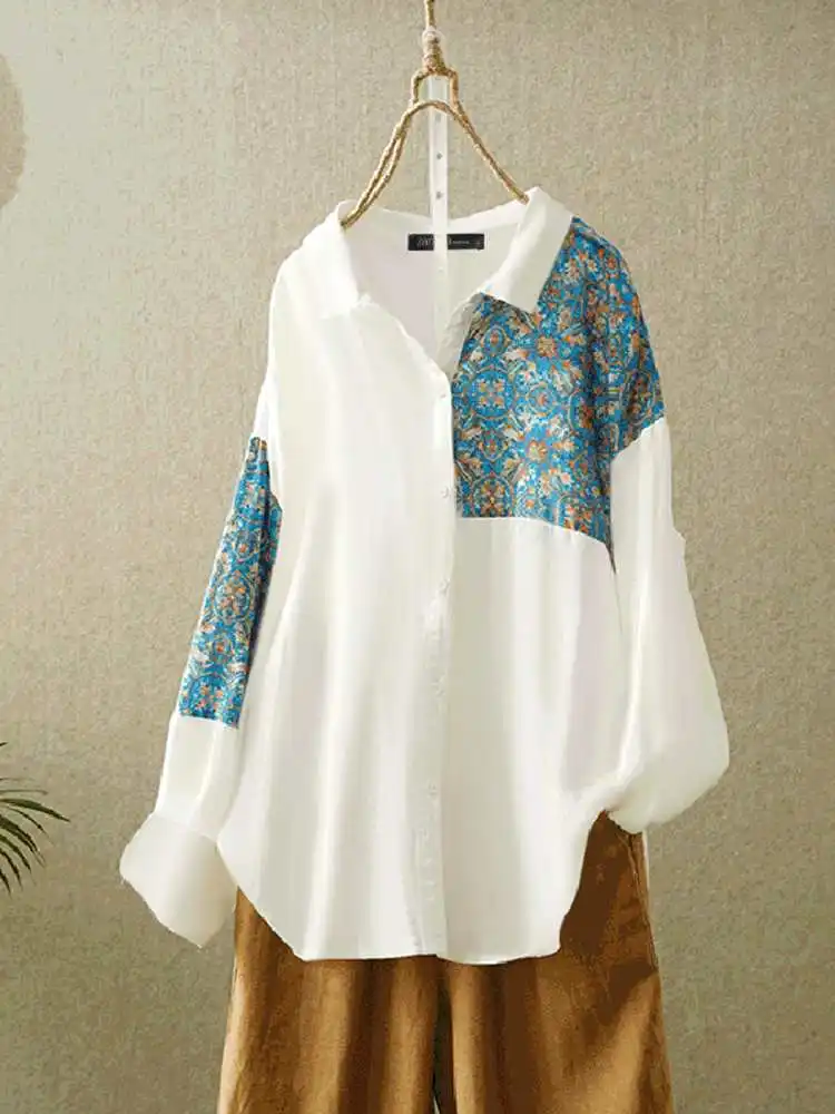

Women Vintage Long Sleeve Shirts 2022 Spring Floral Printed Blouse ZANZEA Casual Patchwork Cotton Tops Oversized Blusas Chemise