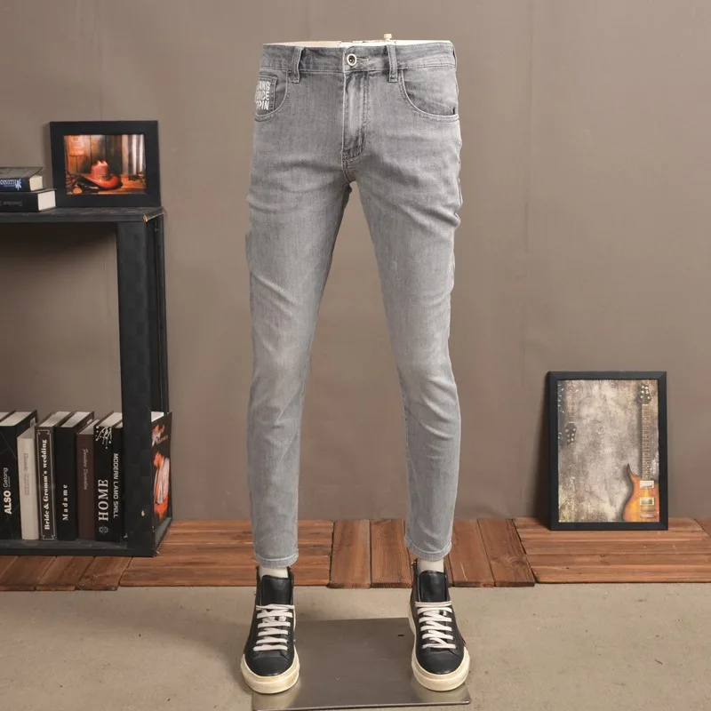 Summer Men Gray Jeans Fashion Casual Straight Slim Fit Lightweight Denim Pants