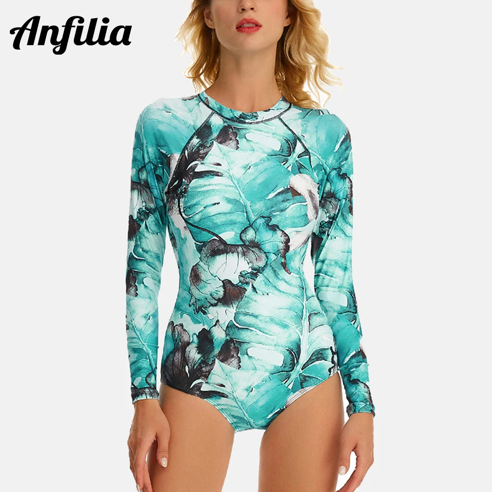 

Anfilia Women's One Piece Long Sleeve Rash Guard Round Neck Swimsuit Surf Suit Swimsuit Wet Suit Conservative Print Swimsuit