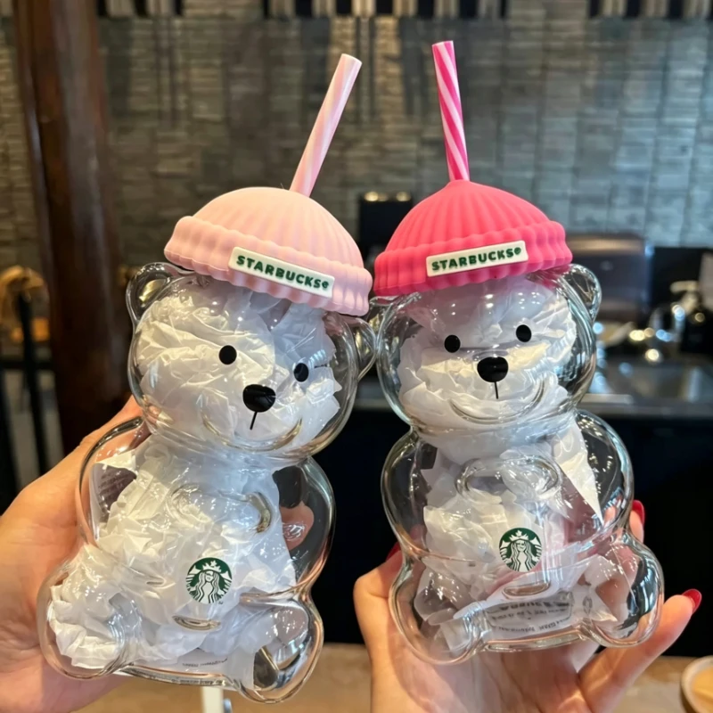 Фото Коллекционный стакан Starbucks Korea Limited Release, 591 мл, стеклянный, в форме медведя, с розовой силиконовой крышкой и полосатой соломинкой. №3