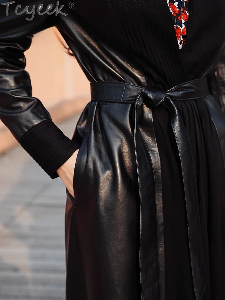 Tcyeek куртка из натуральной кожи женская элегантная дубленка плащ средней длины