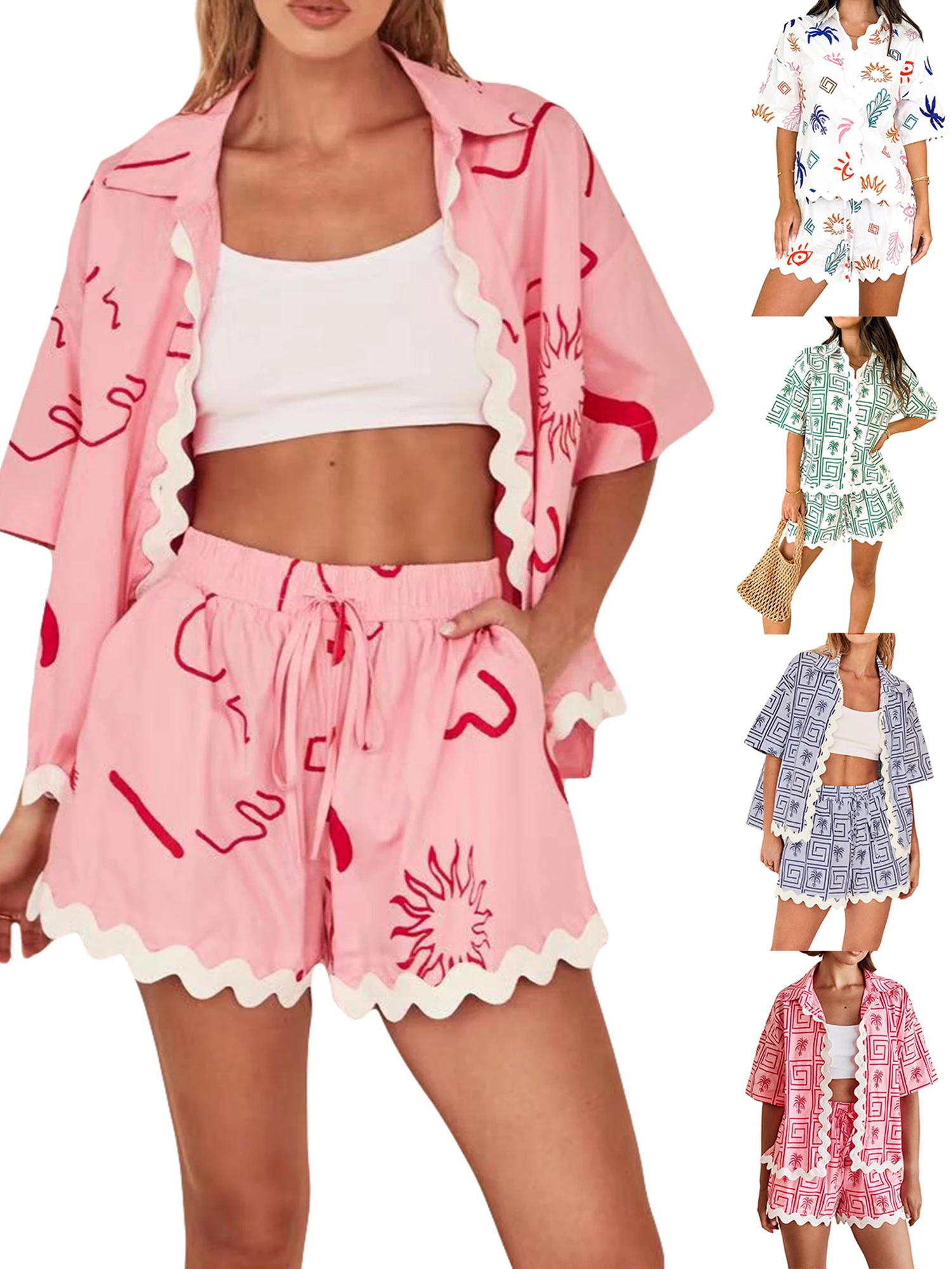 Женский летний комплект для отдыха модная футболка с коротким рукавом отворотом