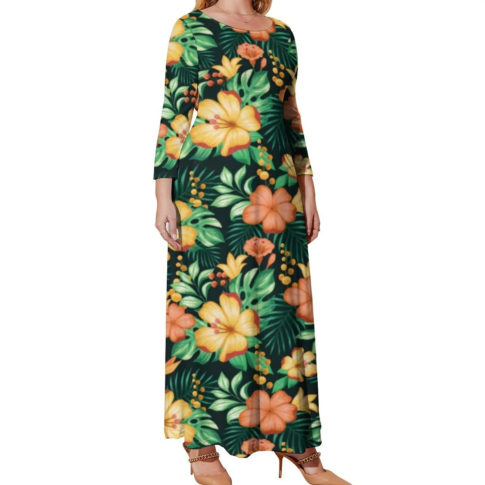 

Floral Pattern Dress Tropical Orange Green Flowers Cute Print Maxi Dress Long Sleeve Street Wear Boho Beach Long Dresses Gift