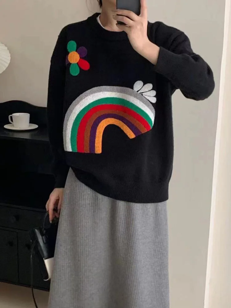 

Женский вязаный свитер с круглым вырезом, Свободный пуловер контрастных цветов радуги в Корейском стиле, модель H969 на осень-зиму, 2022