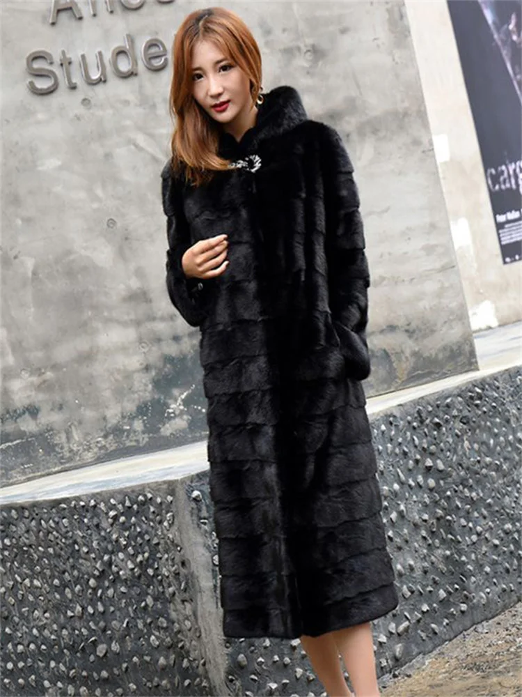 Faux Fur Coat Women Black S-6XL Long Slim 2022 Autumn Winter New Fashion Thick Warmth Hooded Imitation Mink Fur Jackets Feminina