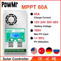 PowMr MPPT Solar Charge Controller 60A LCD Display 12V 24V 36V 48 Auto Solar Panel Battery Charge Regulator For Max 190VDC Input