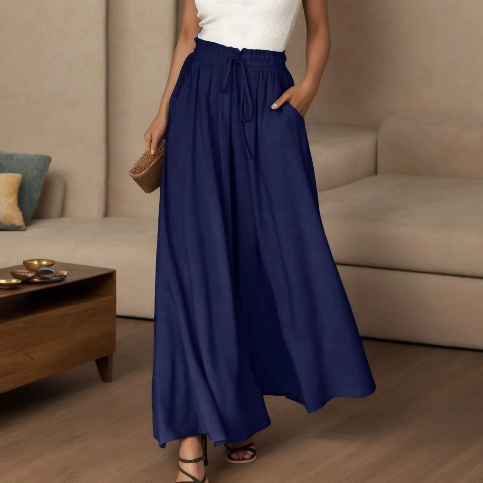 

Women's Casual Solid Color Wide Leg Pants Flowy Drape Ruffle Drawstring Waist Long Pants Vintage Elastic Waist Loose Pants