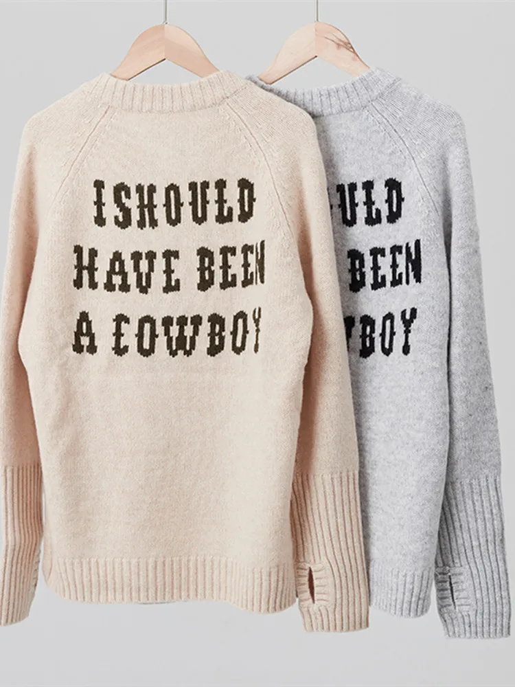 100% Cotton Jumper Back Letters Print Sweater for Women Casual Autumn Winter V-Neck Knitted Pullover