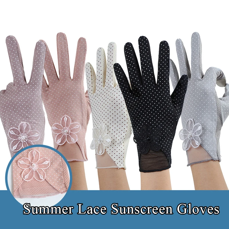 

Dot Print Full Finger Mittens Soft Thin Touch Screen Cycling Driving Gloves Anti-Slip Breathable Lace Flower UV Sunscreen Gloves