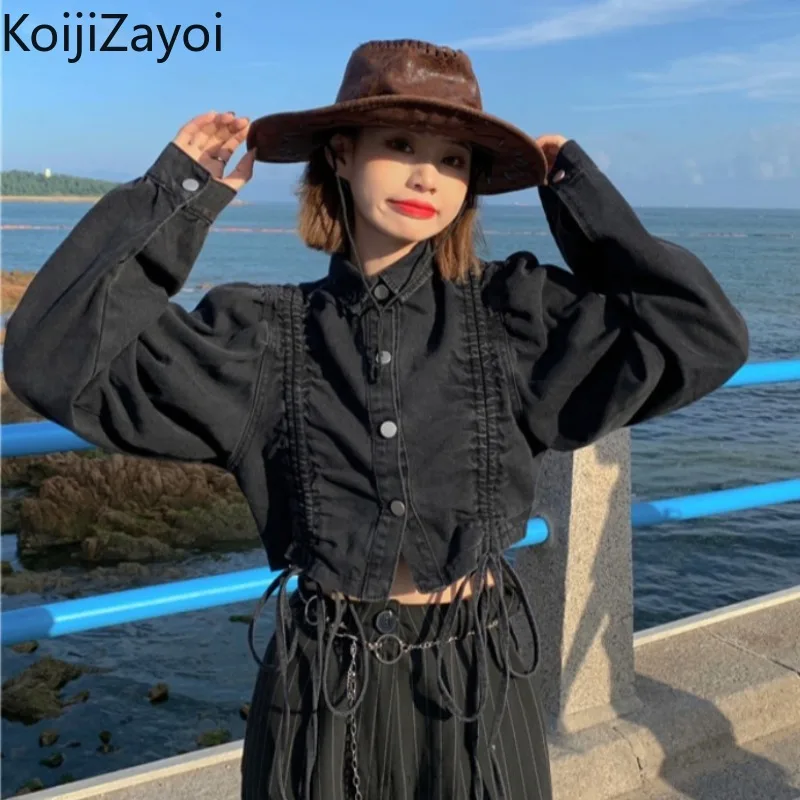 

Koijizayoi Drawstring Women Jeans Shirt Spring Autumn Students Harajuku Solid Blouse Cropped Outwear Tops Dropshipping Blusas