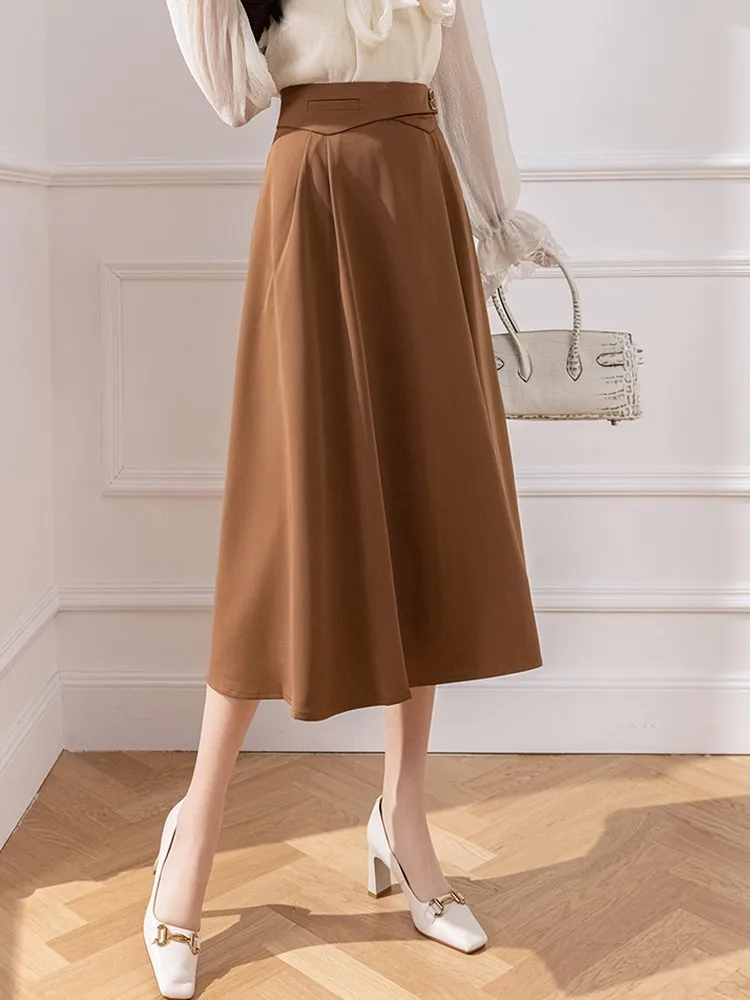 

Office Lady Elegant A-line Skirts New Arrival 2023 Spring Fashion Korean Style Solid Color High Waist Women Long Skirt W1310